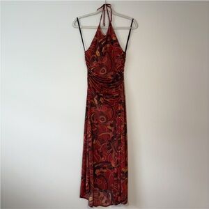 A.L.C. Halter Neck Ruched Red and Black Backless Dress Asymmetrical Sample